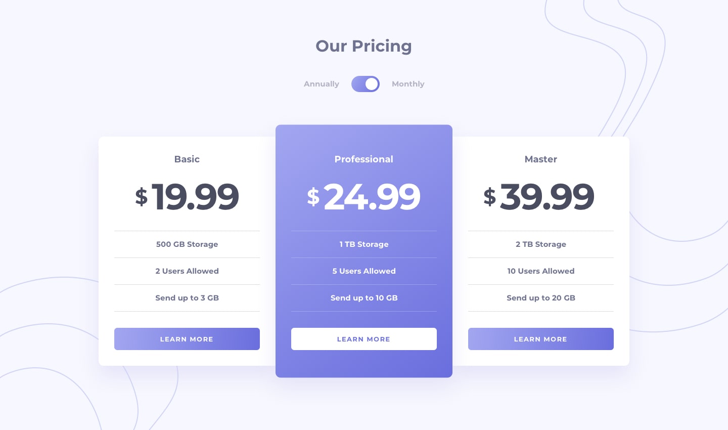 Pricing component with toggle